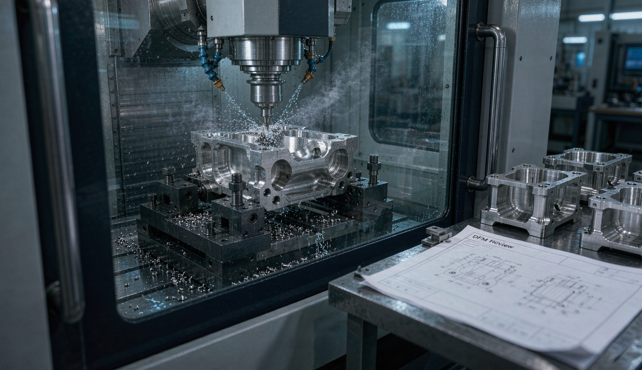 CNC machine milling a precision metal fluid housing component with cooling lubricant and a DFM review document nearby.