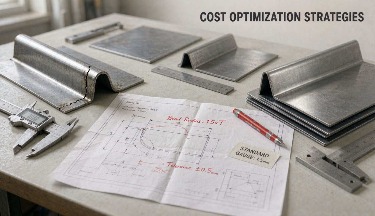 Workbench with cracked bent sheet metal parts, engineering drawings showing bend radius and tolerance notes for cost optimization.